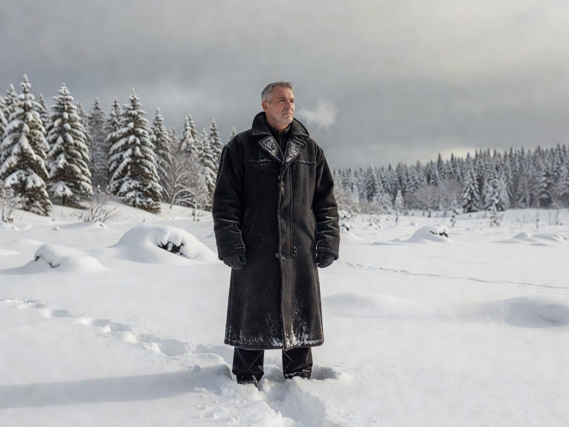 Man standing in snow wearing heavy charcoal wool coat