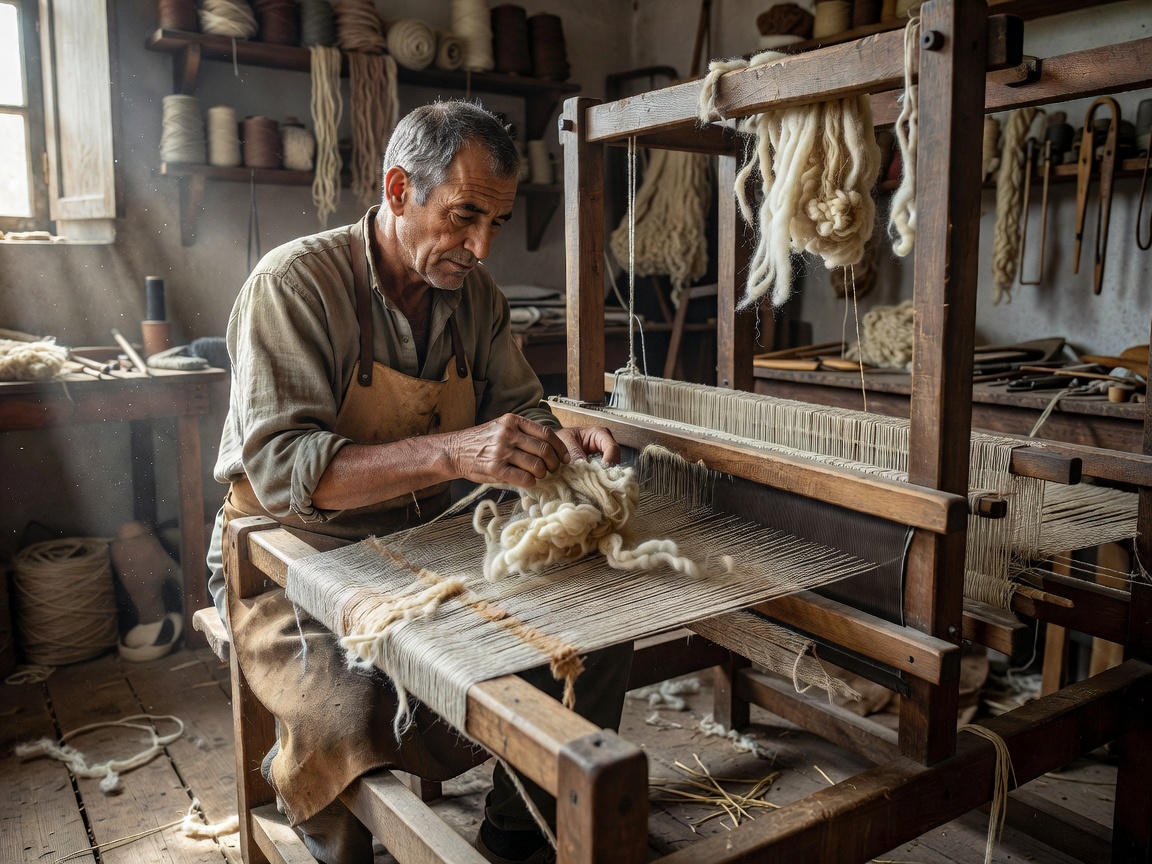 Master weaver inspecting raw wool fiber on loom
