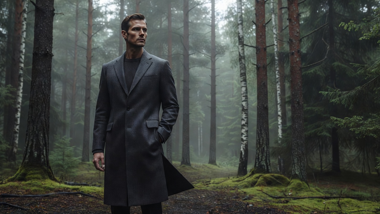 Minimalist Nordic menswear tailored overcoat in forest atmosphere