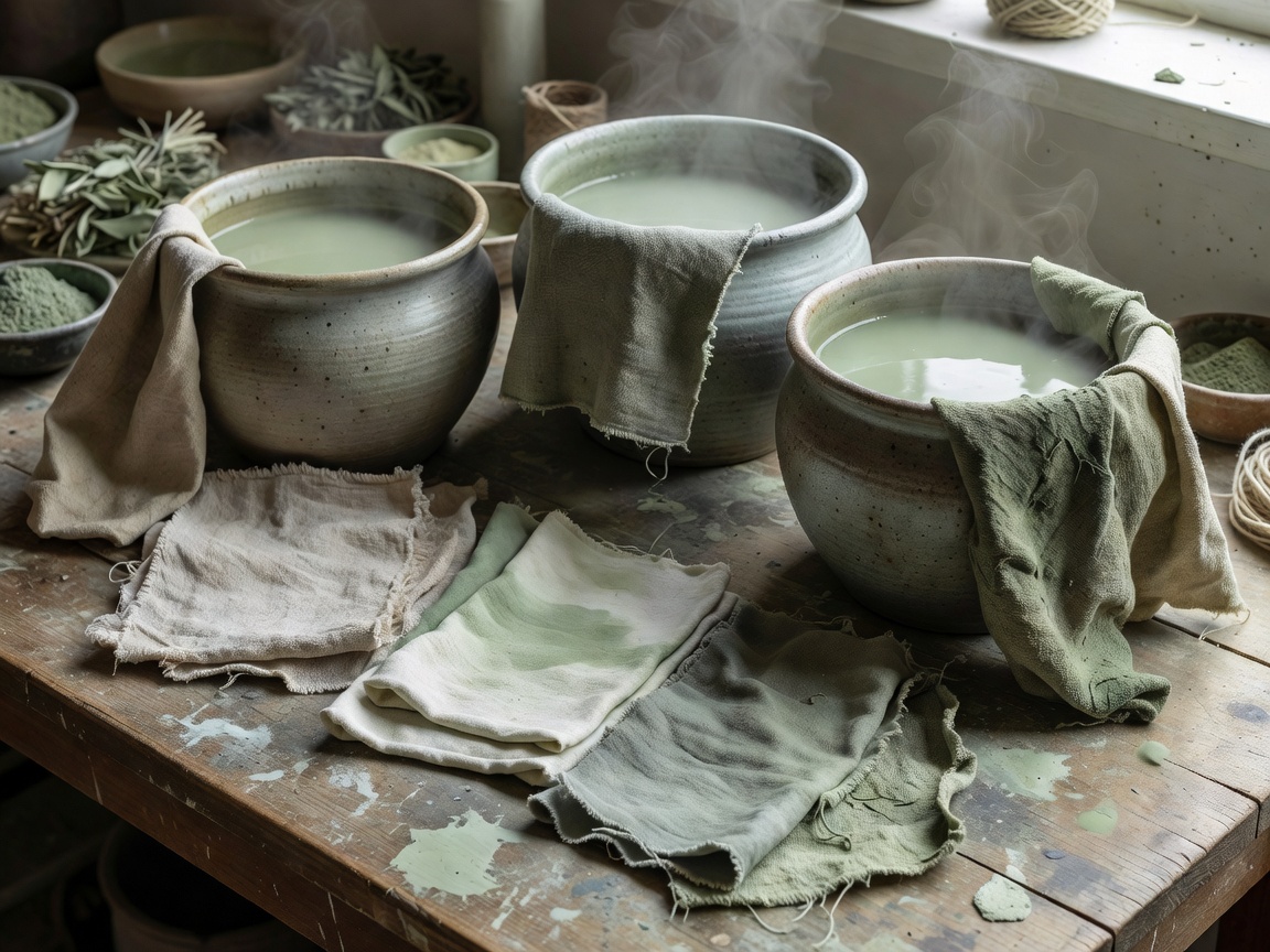 Natural dye baths and fabric swatches in organic sage and stone