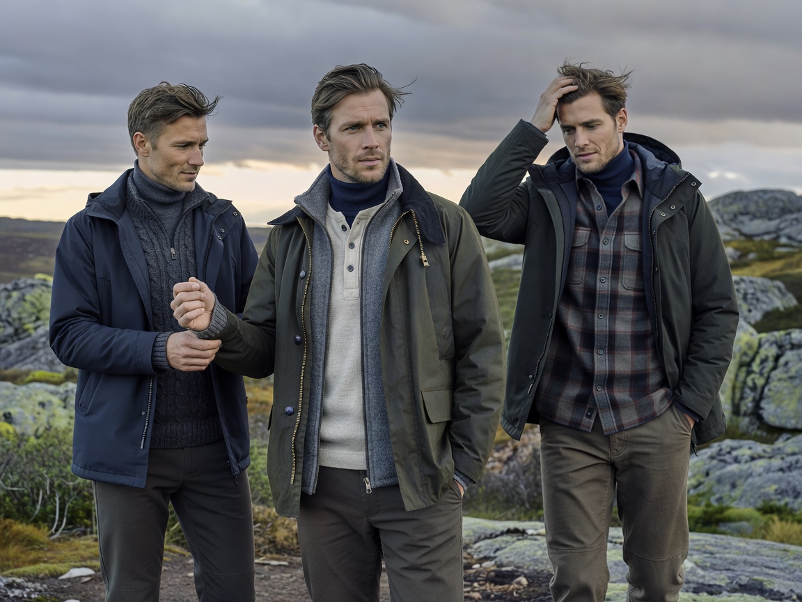 Nordic menswear layering style in outdoor setting