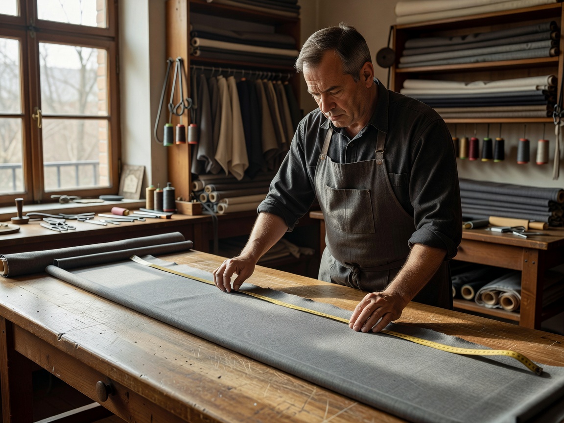 Tailor working in workshop measuring fine gray wool fabric