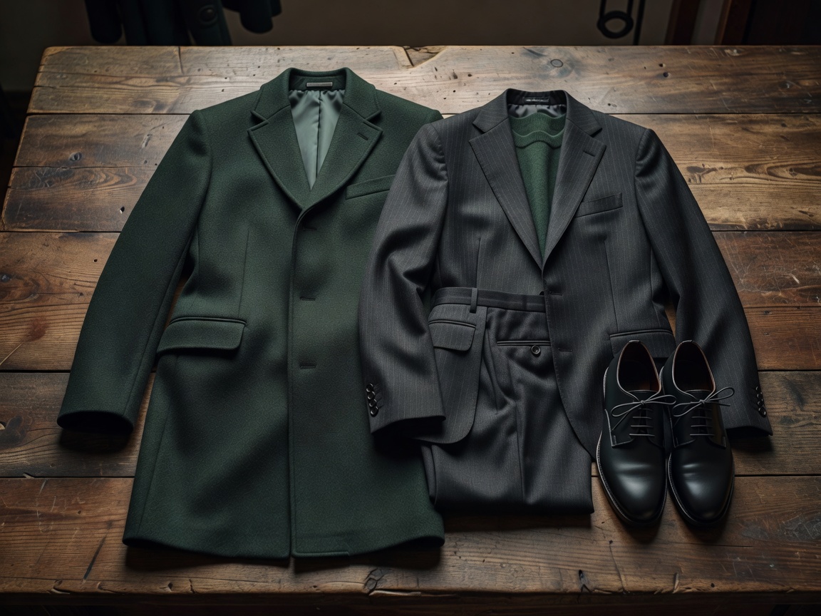 Tonal palette menswear ensemble in muted forest green and charcoal